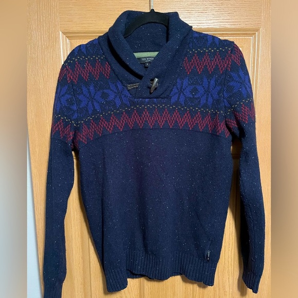 Ted Baker London Men's Shawl Neck Sweater, Navy Blue Fair Isle Pullover - Picture 1 of 11